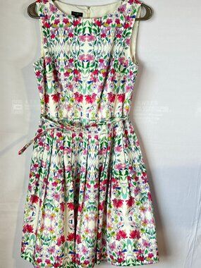 Talbots Floral Garden Party Dress 8P Whimsical Summer Fit & Flare, cotton blend